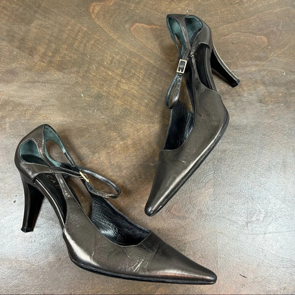 Escada Metallic Brown Pumps Pointed Toe Heels Leather Gold Heel Size 8 - Picture 1 of 12